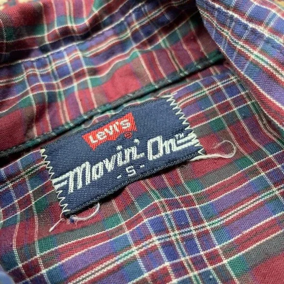 VTG 70s Levis Movin On White tab button up plaid dagger collar shirt S USA red - Picture 4 of 4
